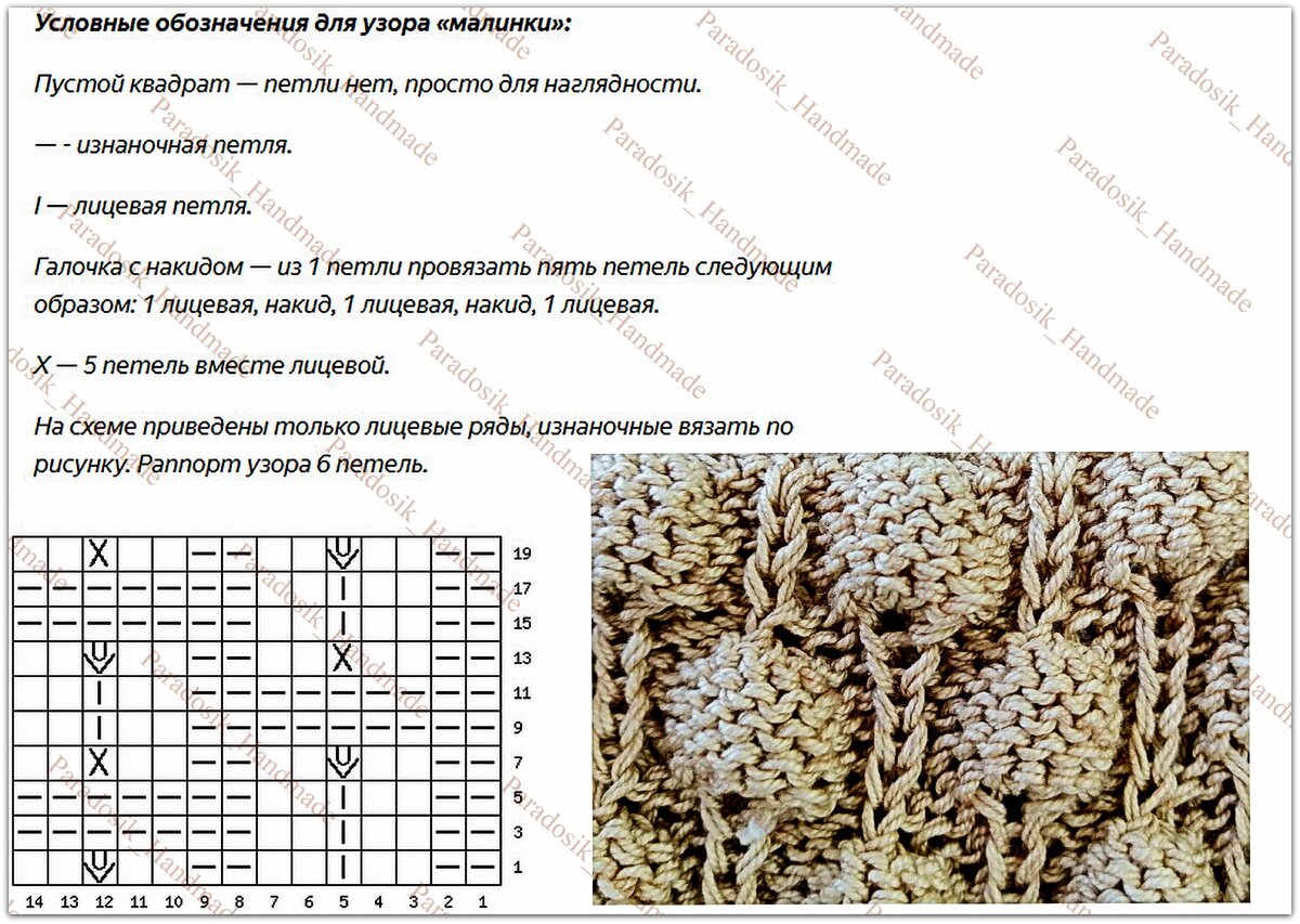 Схема вязания узора малинка спицами
